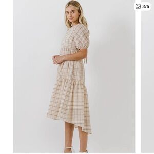 English Factory Cream Plaid Tiered Midi Dress